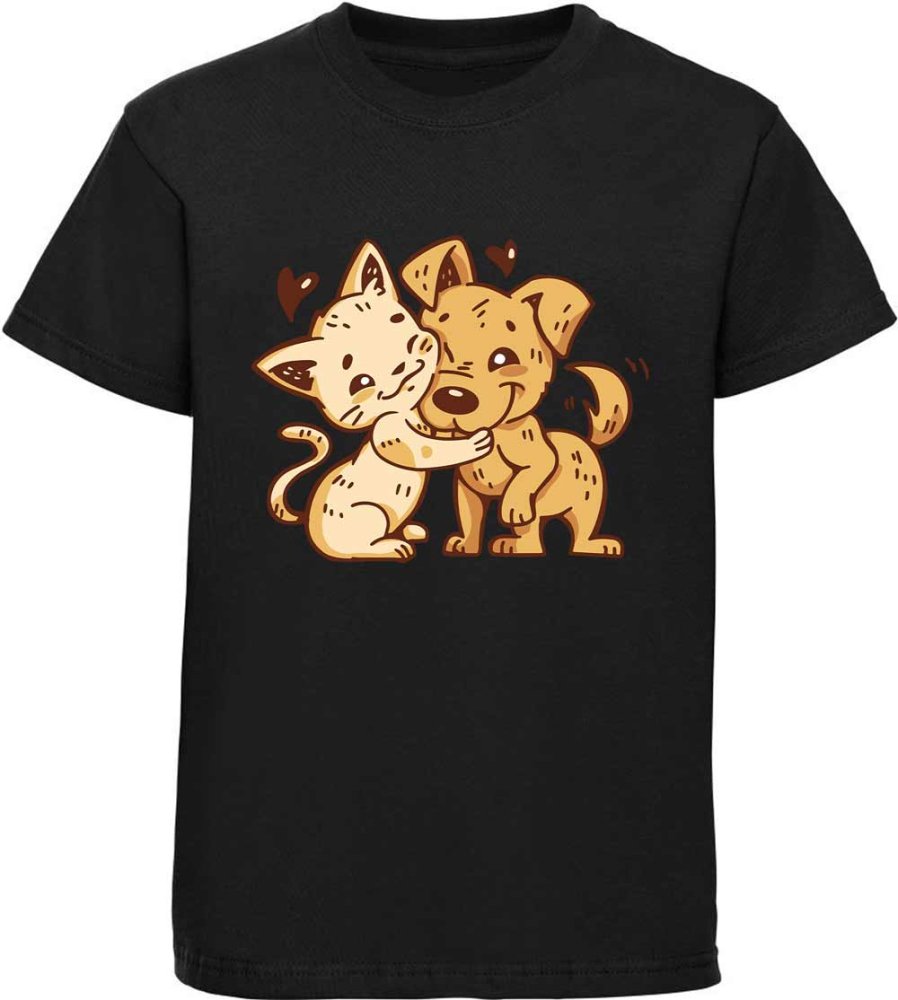 Bedrucktes Kinder T-Shirt Hund mit Katze kuschelnd